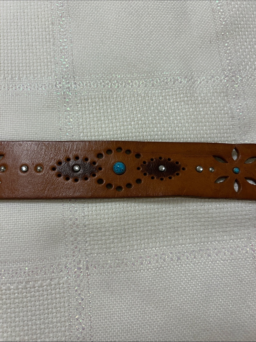 Leather Rivet Belt with Turquoise Accents - Brown image 2